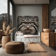 Large vinyl wall decal of a realistic Pallas’s cat face, printed in full color and applied to a wall above a child&#39;s bed. The design has no background and blends seamlessly into a modern natural-toned room interior.