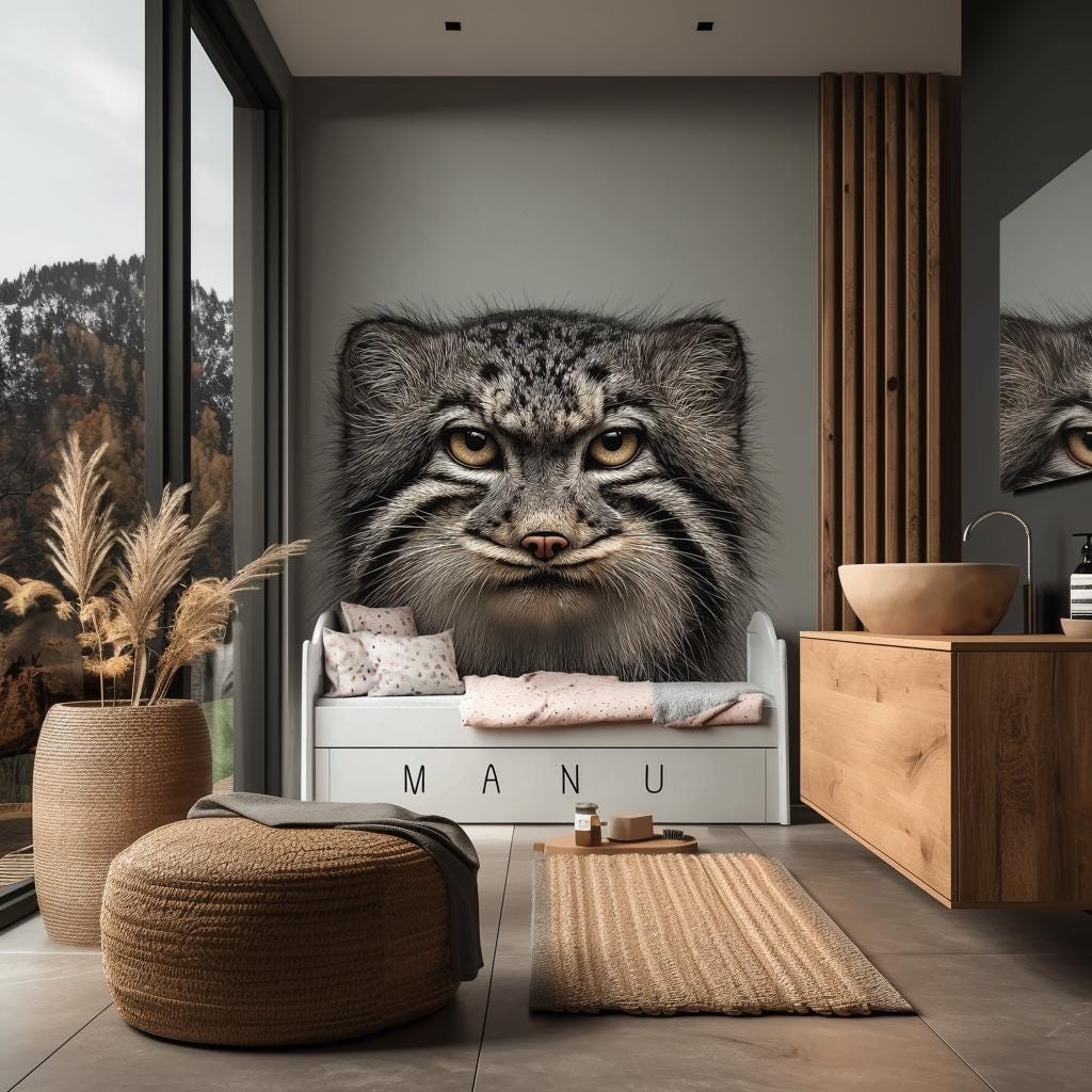 Large vinyl wall decal of a realistic Pallas’s cat face, printed in full color and applied to a wall above a child&#39;s bed. The design has no background and blends seamlessly into a modern natural-toned room interior.