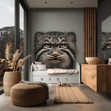 Large vinyl wall decal of a realistic Pallas’s cat face, printed in full color and applied to a wall above a child&#39;s bed. The design has no background and blends seamlessly into a modern natural-toned room interior.