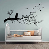 Cat on Tree Branch Wall Decal | Vinyl Cat and Birds Sticker | Nature Wall Decor | Cat Silhouette Wall Art | Tree Wall Sticker for Nursery