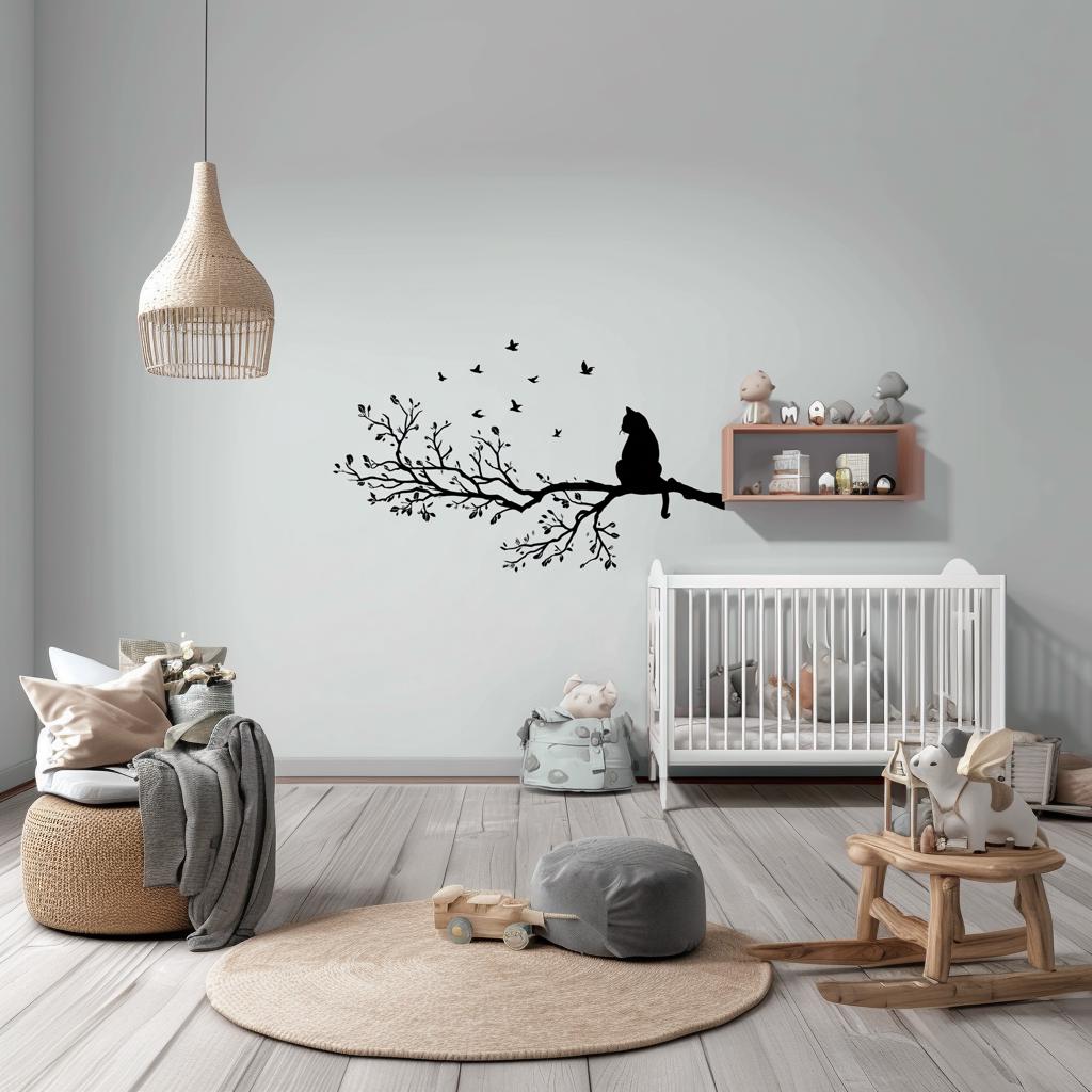 Cat on Tree Branch Wall Decal | Vinyl Cat and Birds Sticker | Nature Wall Decor | Cat Silhouette Wall Art | Tree Wall Sticker for Nursery