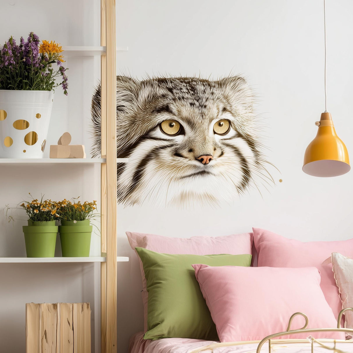 Realistic vinyl wall decal of a Pallas’s cat (manul) head with golden eyes, placed on a white wall above a pink and green pillow arrangement in a cozy, child-friendly room.