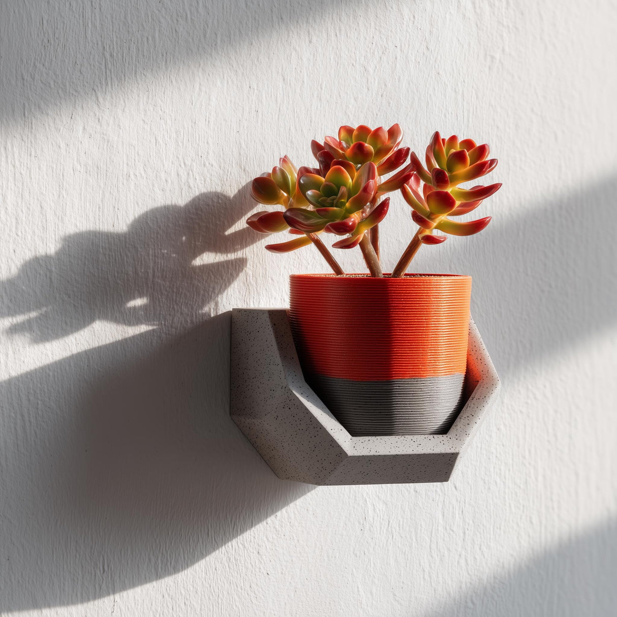 3D printed geometric wall shelf holder in gray, holding a red and black plant pot with succulents, displayed as modern minimalist wall decor