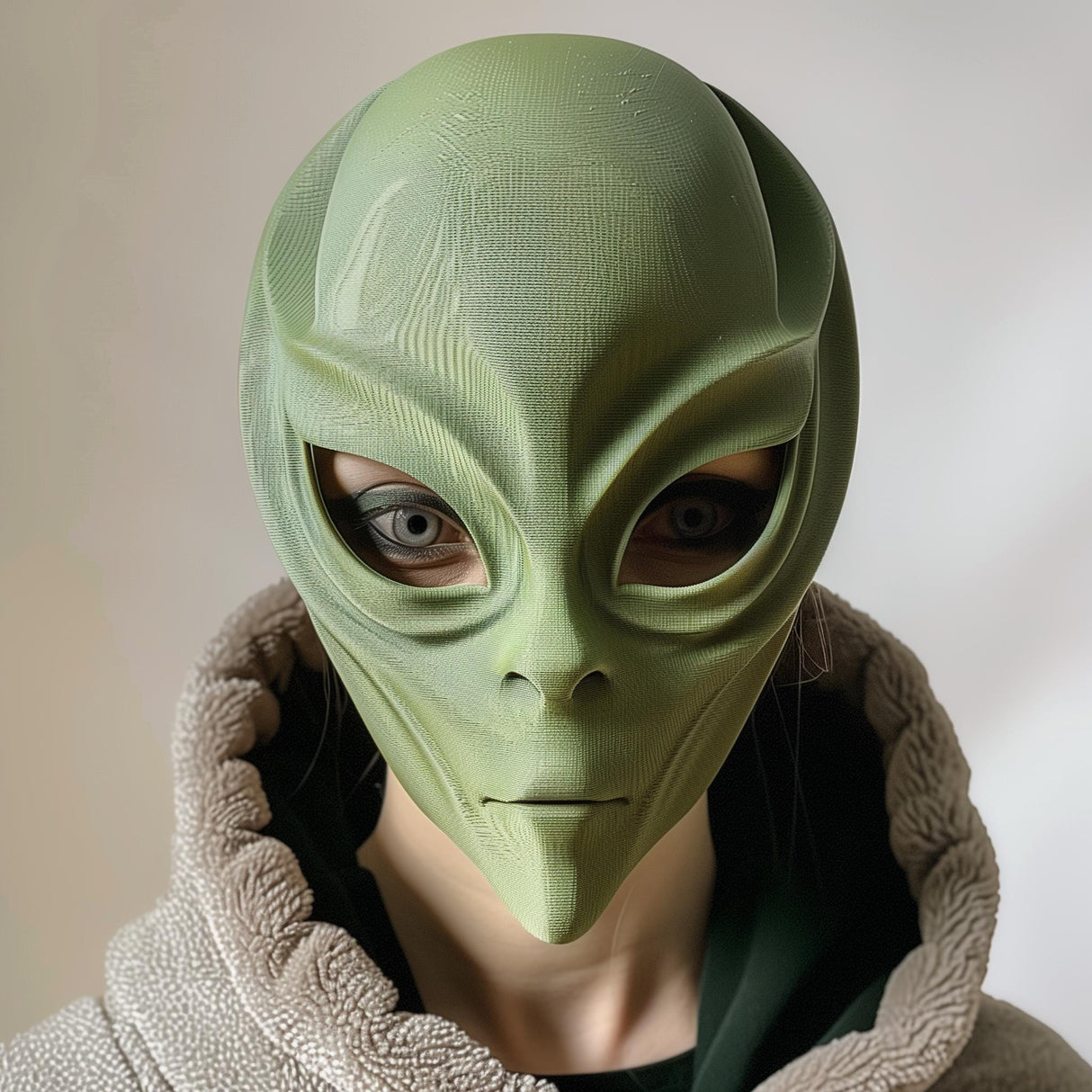 3D printed alien face mask with smooth organic shape, worn by an adult model indoors, realistic sci-fi costume accessory made from matte PLA plastic