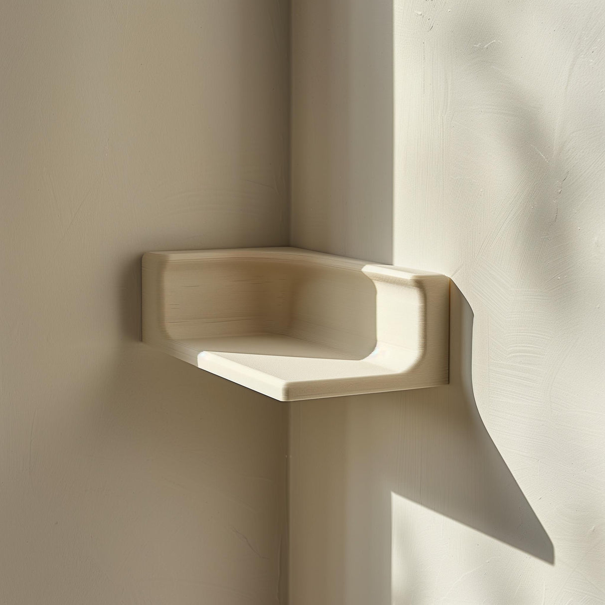 3D printed minimalist corner wall shelf made of matte PLA plastic, mounted on a wall near ceramic decor, modern home organization accessory