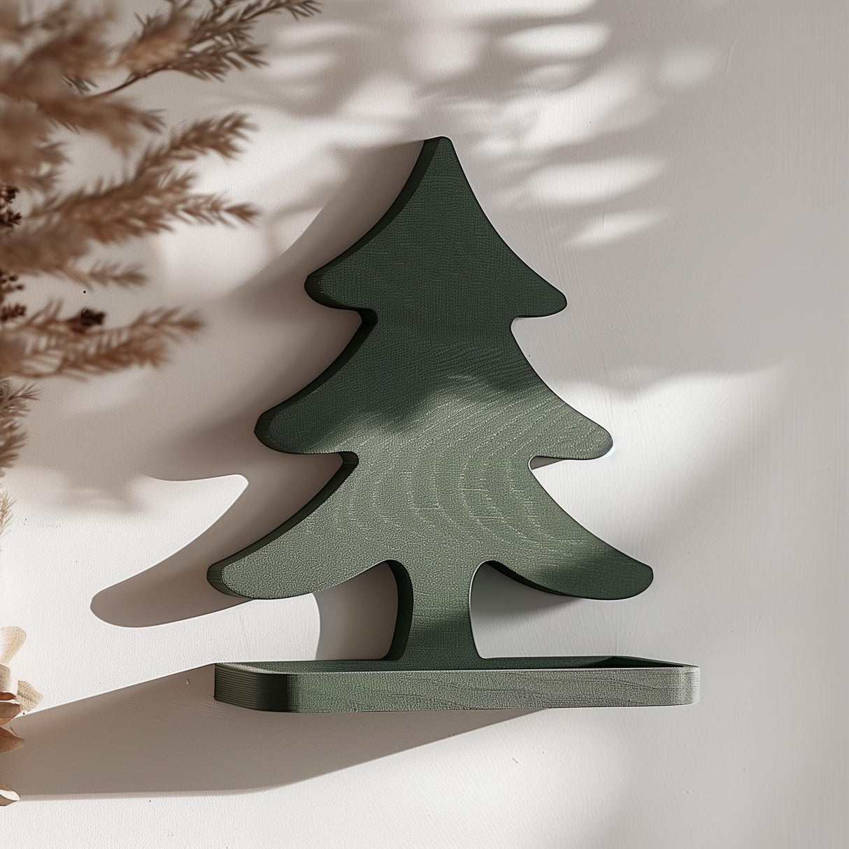 3D printed green wall shelf shaped like a minimalist Christmas tree silhouette with a small ledge, mounted on a light wall in soft natural sunlight.