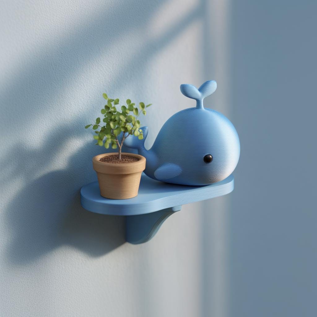 3D Printed Whale Wall Shelf | Cute Ocean Nursery Floating Ledge | Playful Kids Room Wall Decor Accent for Modern Cozy Home Interior Spaces