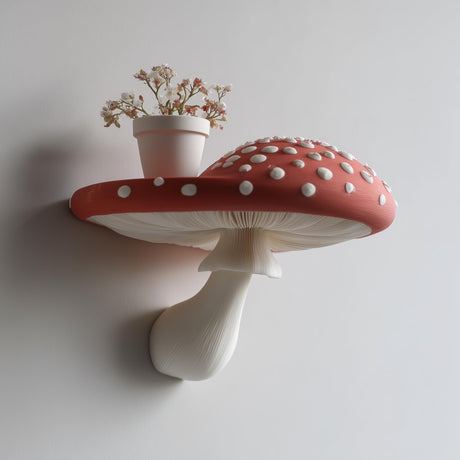3D printed wall shelf shaped like a large red and white amanita mushroom with a flat spotted cap and sculpted gills, used as a small floating ledge holding a vase of flowers.