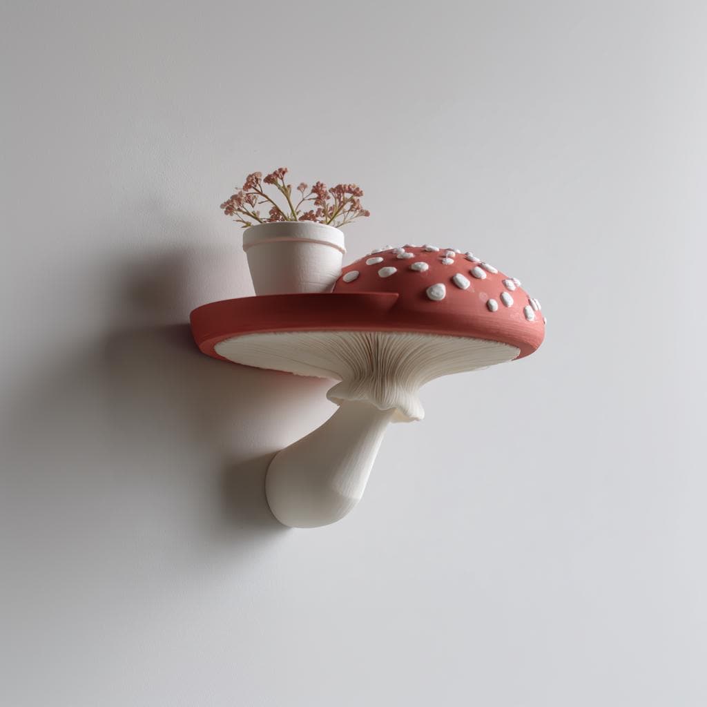 3D Printed Amanita Mushroom Wall Shelf | Fantasy Toadstool Floating Display | Magical 3D Printed Accent for Cottagecore and Cozy Interiors