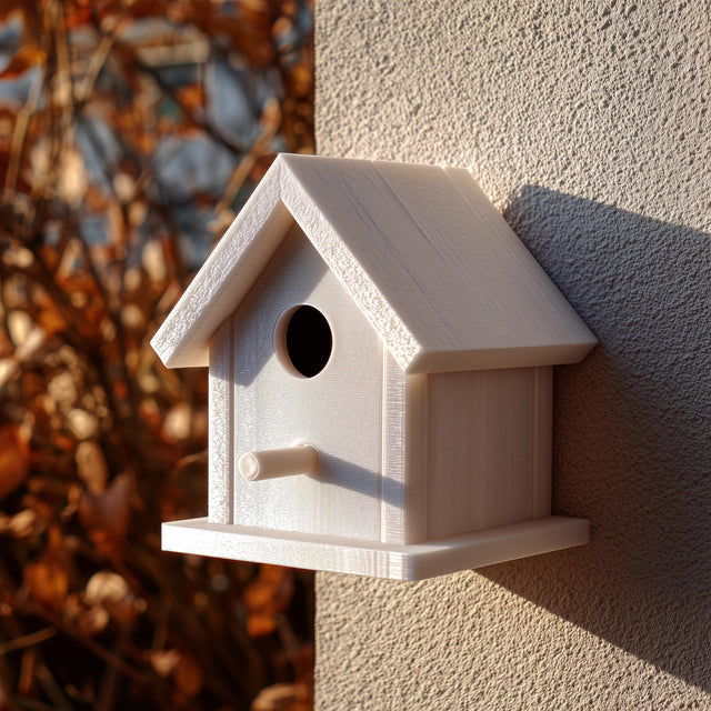 Light-colored 3D printed birdhouse with perch and removable roof made from matte PLA plastic, mounted on an exterior wall in soft natural sunlight.
