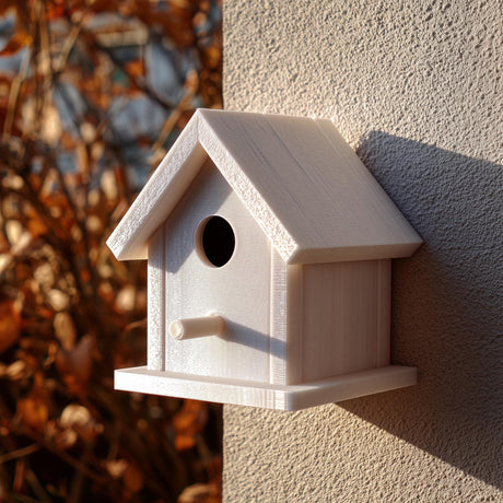 Light-colored 3D printed birdhouse with perch and removable roof made from matte PLA plastic, mounted on an exterior wall in soft natural sunlight.