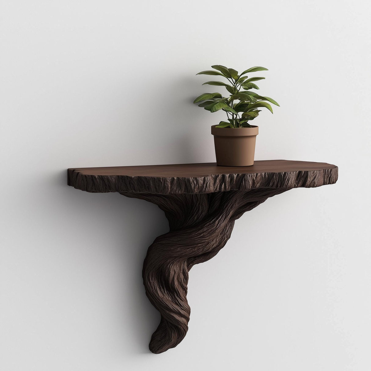 A dark brown 3D printed wall-mounted shelf with a sculpted, twisted tree root-style support and a matte finish, holding a small potted plant against a clean white wall.