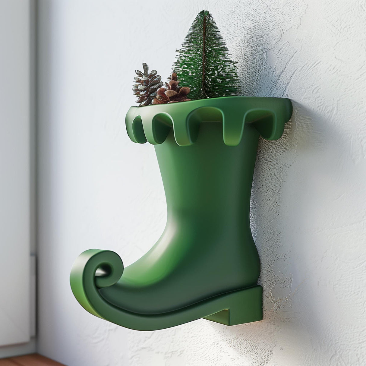 3D printed green wall-mounted vase shelf shaped like a whimsical elf boot, styled with a small Christmas tree and pinecones near a winter window.