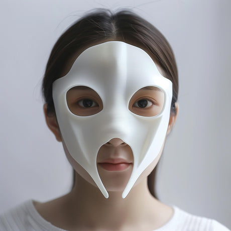 Adult person wearing a smooth white 3D printed futuristic mask with anime-style cutouts and two downward points, shown against a soft neutral background.