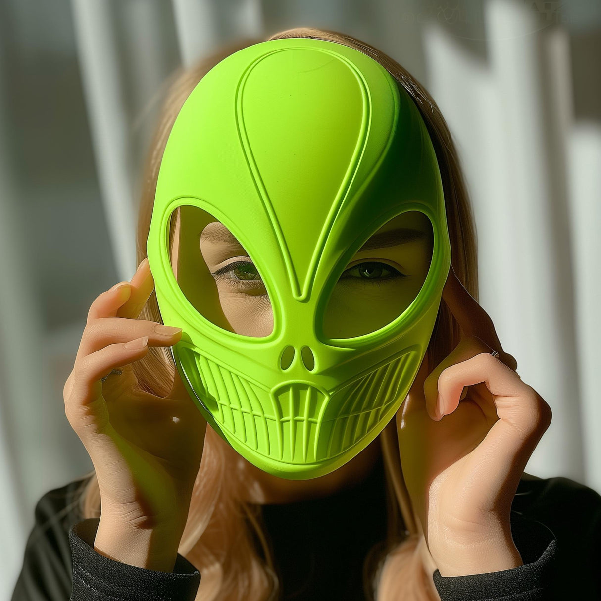 3D printed bright green alien mask with futuristic design, worn by an adult, modern sci-fi cosplay or Halloween costume accessory