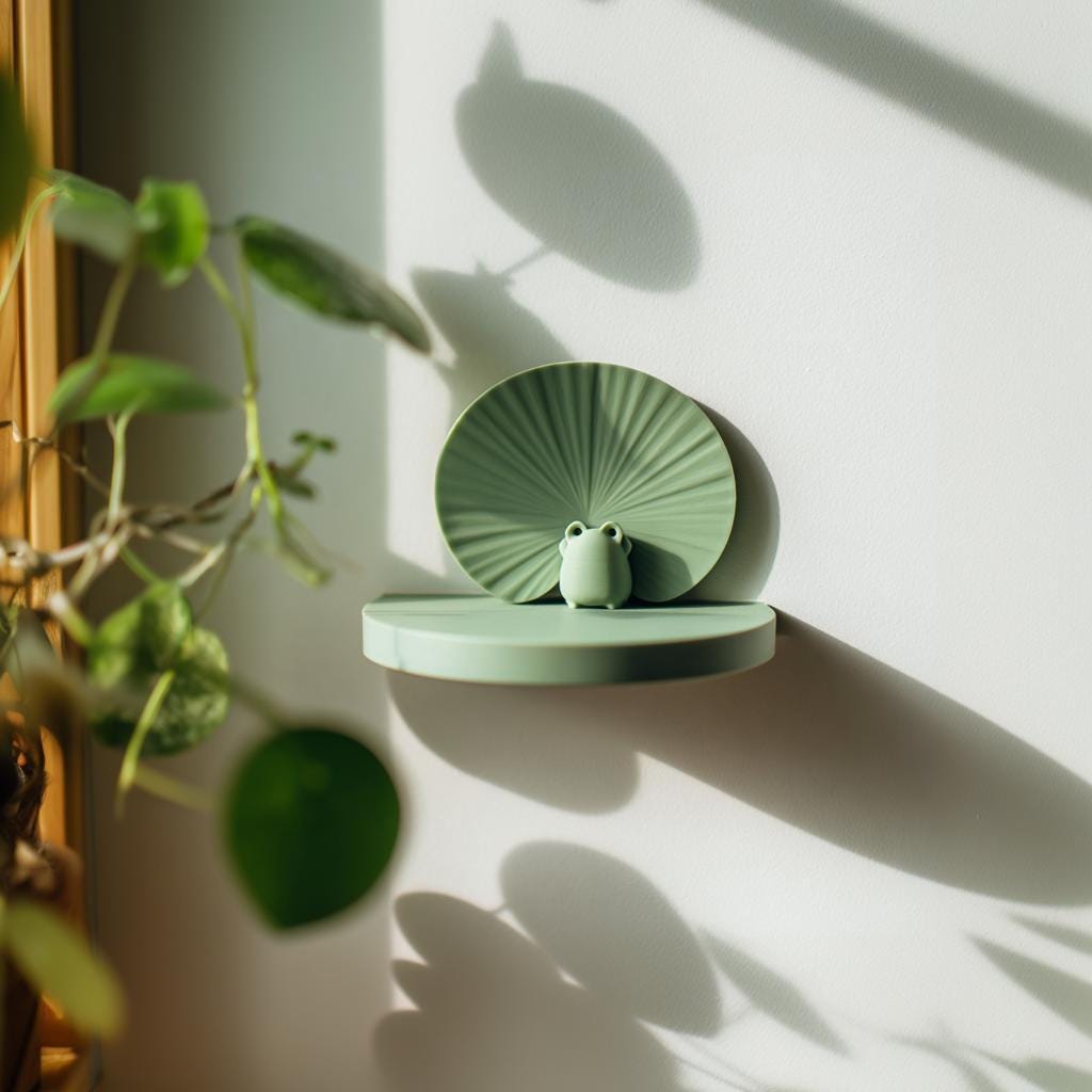3D Printed Frog Wall Shelf | Minimalist Lily Pad Inspired Floating Ledge | Cute Modern Wall Decor Accent for Cozy Relaxed Home Interiors