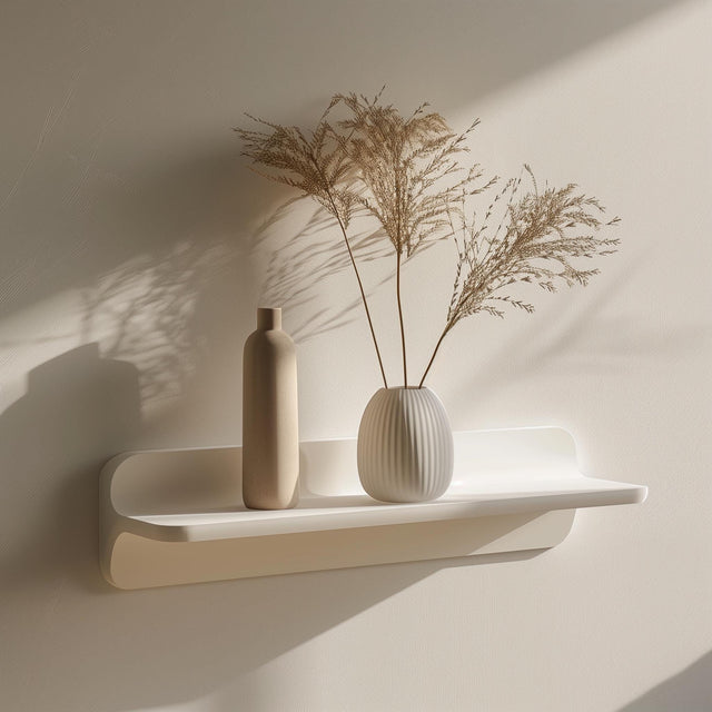Minimalist 3D printed wall shelf in matte white, holding decorative vases and dried plants, mounted on a softly lit modern wall