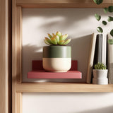 3D printed minimalist mini wall shelf in a solid color, used as a small floating ledge holding a plant pot, integrated into a wooden shelving setup.