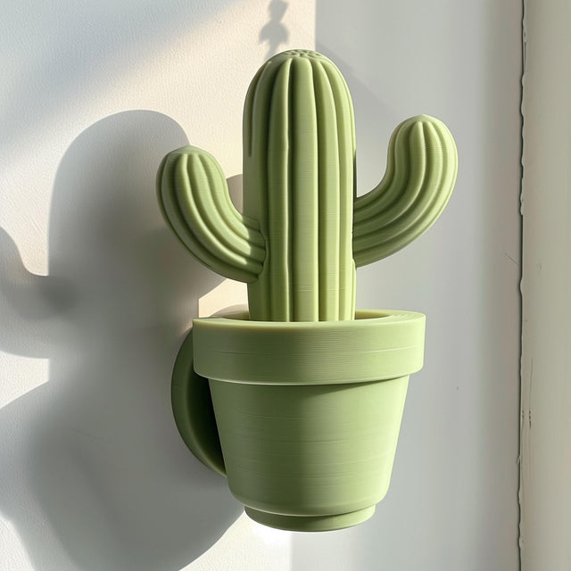 3D printed cactus-shaped wall decor made from matte PLA plastic, minimalist design inspired by nature, displayed on modern interior wall