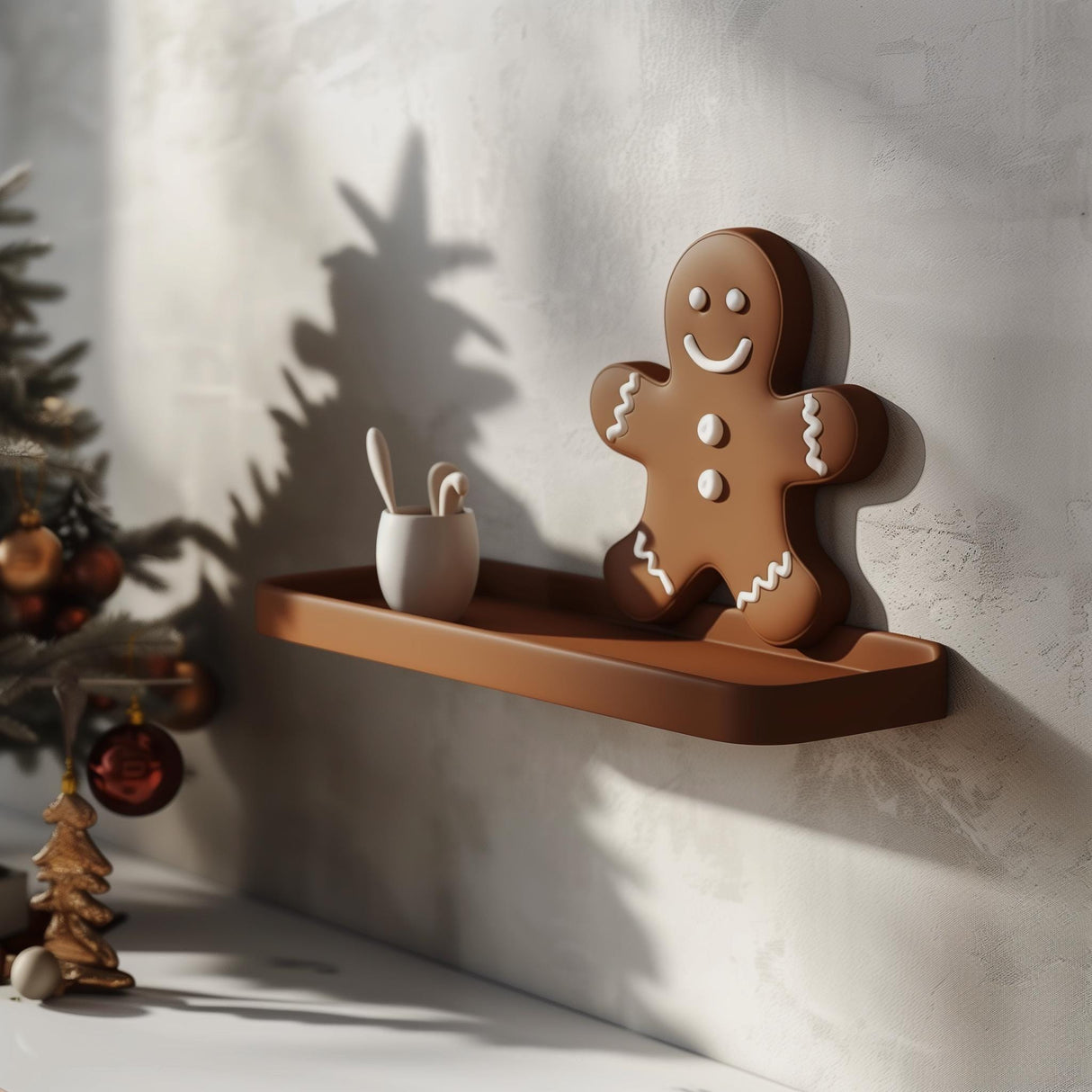 3D printed wall shelf shaped like a gingerbread man, mounted on wall near Christmas tree, festive minimalist holiday home decor accessory