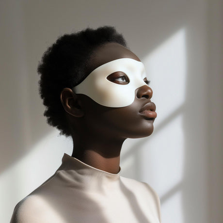 Adult person wearing a minimalist white 3D printed eye mask, standing in soft natural light against a neutral interior background.
