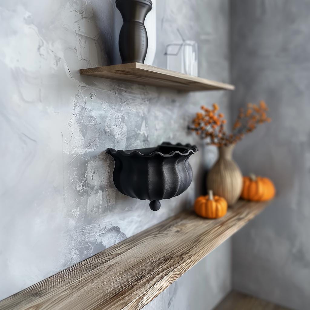 3D Printed Witch Cauldron Wall Shelf | Sculptural Floating Halloween Decor | Minimalist Spooky Accent for Modern Home Interiors and Offices