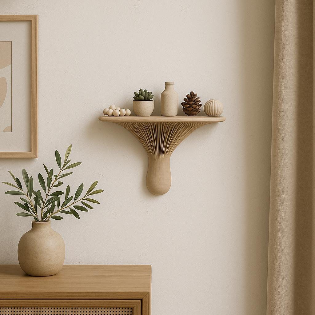 Beige 3D printed mushroom-shaped shelf mounted on a neutral wall, styled with minimalist decor pieces including succulents, pinecones, and vases. Organic form curves gently downward like a natural fungus growing from the surface.