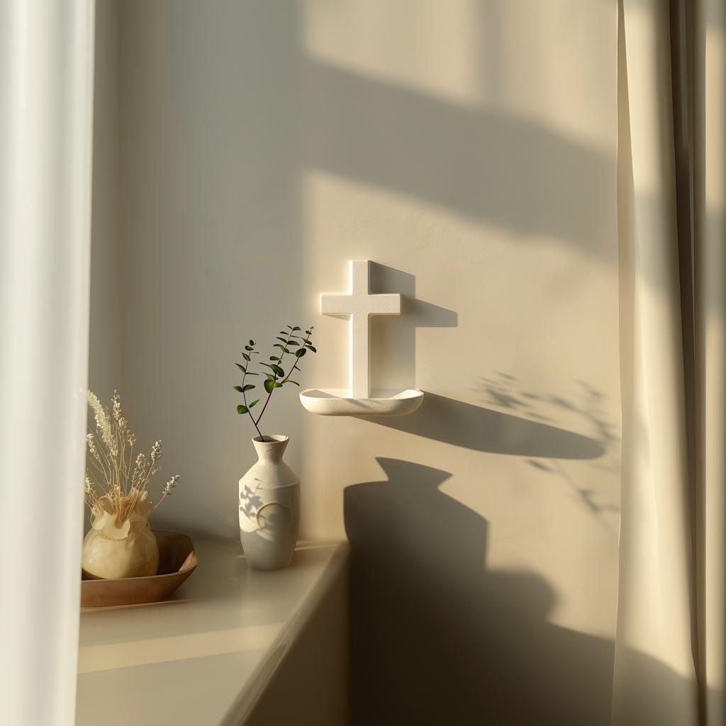 3D Printed Cross Wall Shelf | Minimalist Prayer Nook Decor | Modern Floating Ledge for Cozy Home and Chapel Interior Decor Spaces