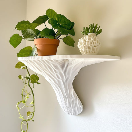 &quot;White 3D printed wall shelf inspired by the Deadly Galerina mushroom, mounted on a light wall and decorated with potted plants and a sculptural vase.&quot;