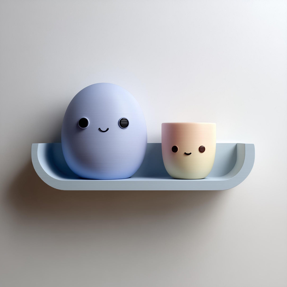3D printed wall shelf with a rounded ledge holding a smiling egg character and a small cup character, made of matte PLA plastic on a light-colored wall.