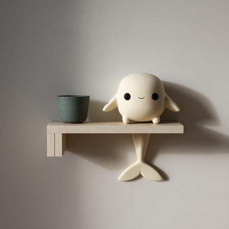 3D printed wall shelf with a small whale character on the ledge and a tail fin support beneath, made of matte PLA plastic on a light-colored wall.