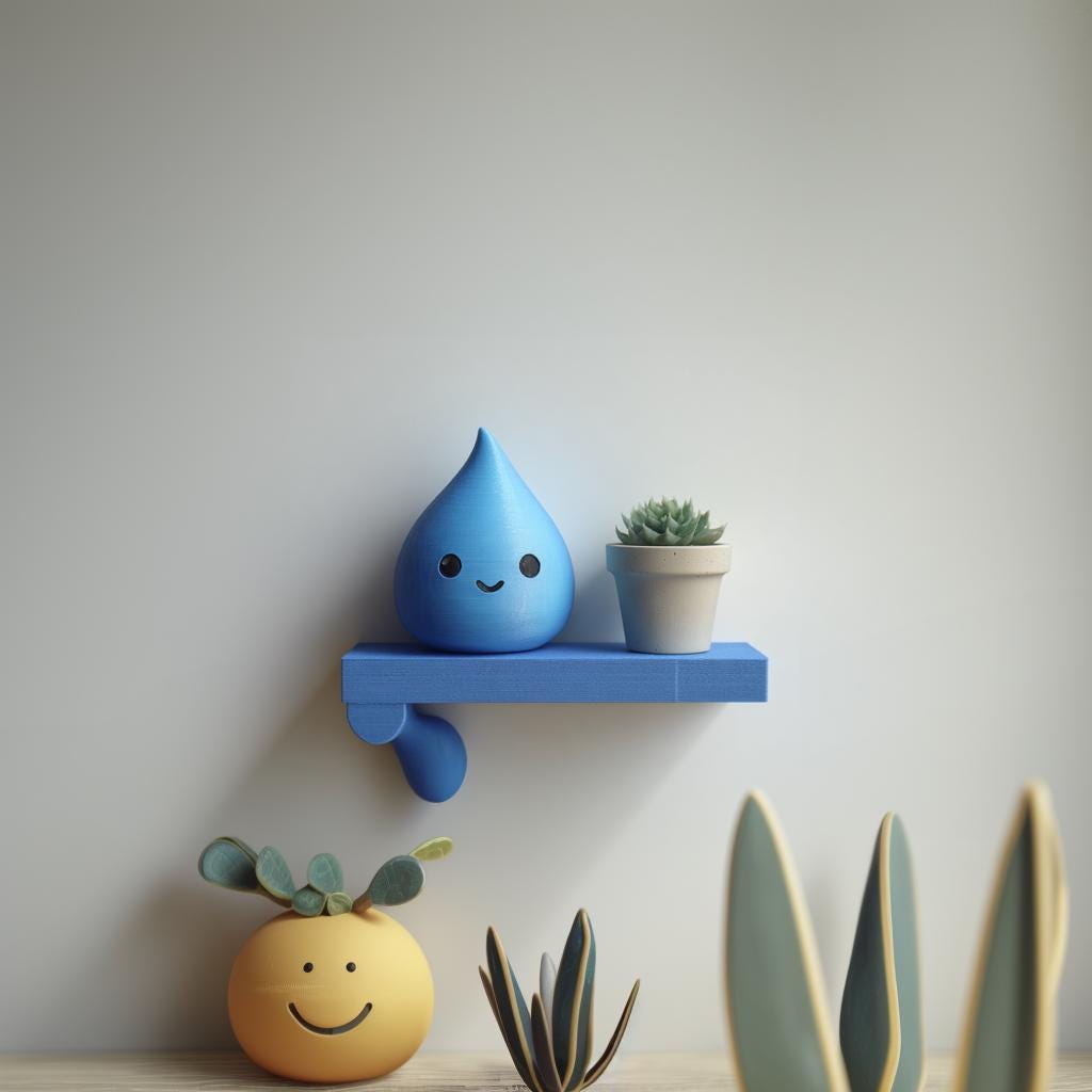3D Printed Water Drop Wall Shelf | Minimal Character Floating Ledge Display | Cute Modern Room Decor Accent for Kids Rooms and Home Offices