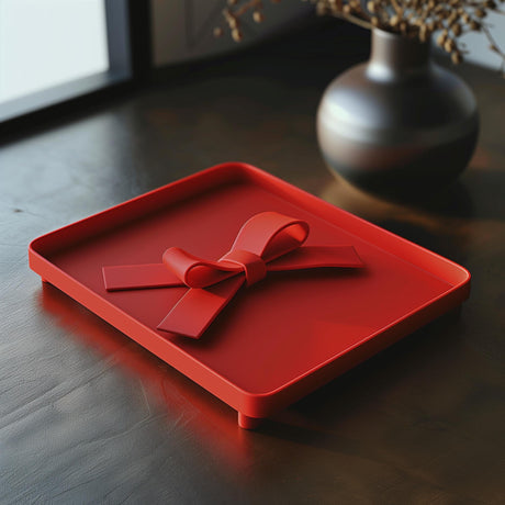 3D printed red square jewelry tray with a raised gift bow in the center, matte PLA finish,