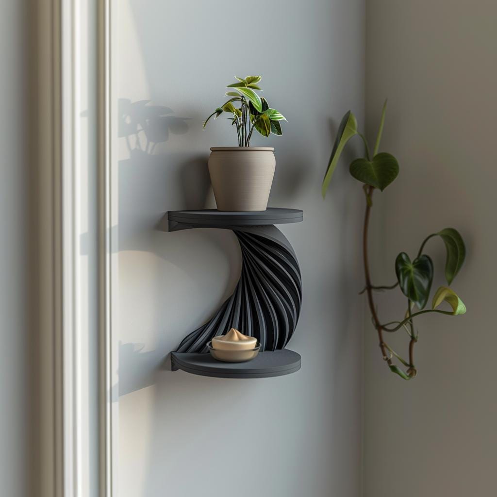 3D Printed Spiral Wall Shelf | Modern Double Tier Floating Corner Display | Sculptural Minimalist Decor Accent for Contemporary Interiors