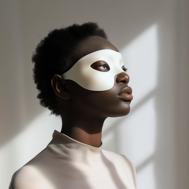 Adult person wearing a minimalist white 3D printed eye mask, standing in soft natural light against a neutral interior background.