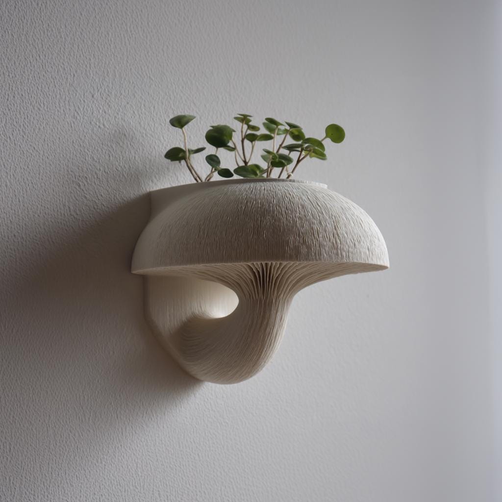 3D Printed Mushroom Wall Planter Shelf | Sculptural Floating Fungi Decor | Modern 3D Printed Wall Accent for Cozy Nature Inspired Interiors