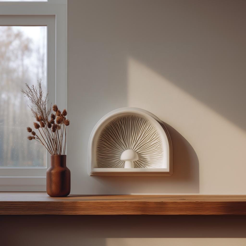 3D Printed Mushroom Wall Niche Decor | Modern Minimalist Fungi Sculpture Art Shelf for Cozy Living Room, Hallway or Bedroom Accent Piece
