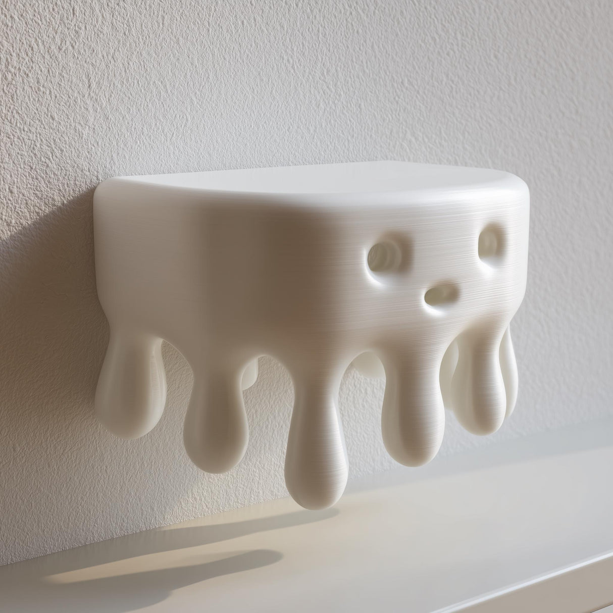 3D printed wall shelf shaped like a rounded dripping blob with a small face on the front, mounted on a light textured wall.