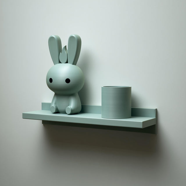 3D printed wall shelf with a slim back-edged ledge holding a rounded bunny character and a cylinder pot, mounted on a light-colored wall.