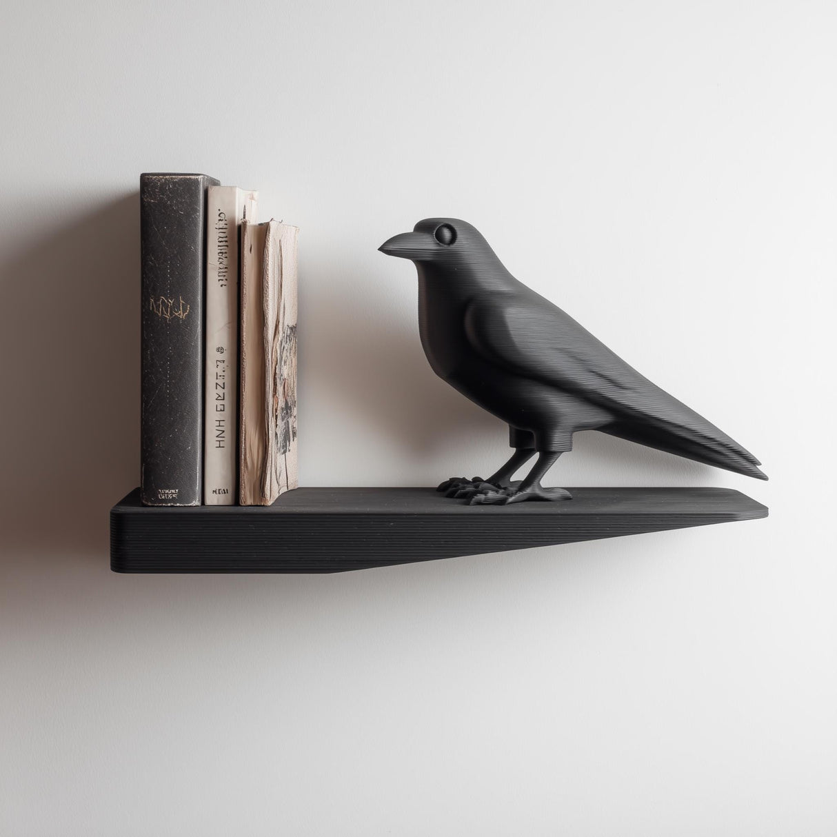 3D printed wall shelf with an integrated raven figure standing beside a row of books on a slim floating ledge against a light wall.