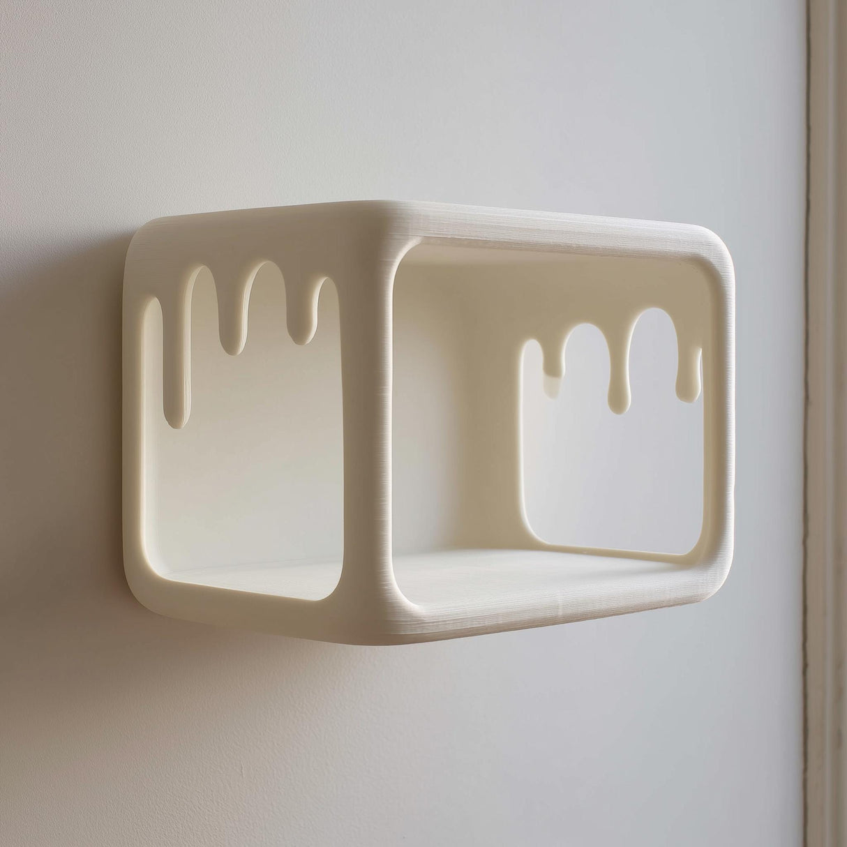 Open rectangular 3D printed wall shelf with dripping cutout edges made of matte PLA plastic, mounted on an interior wall next to a window.
