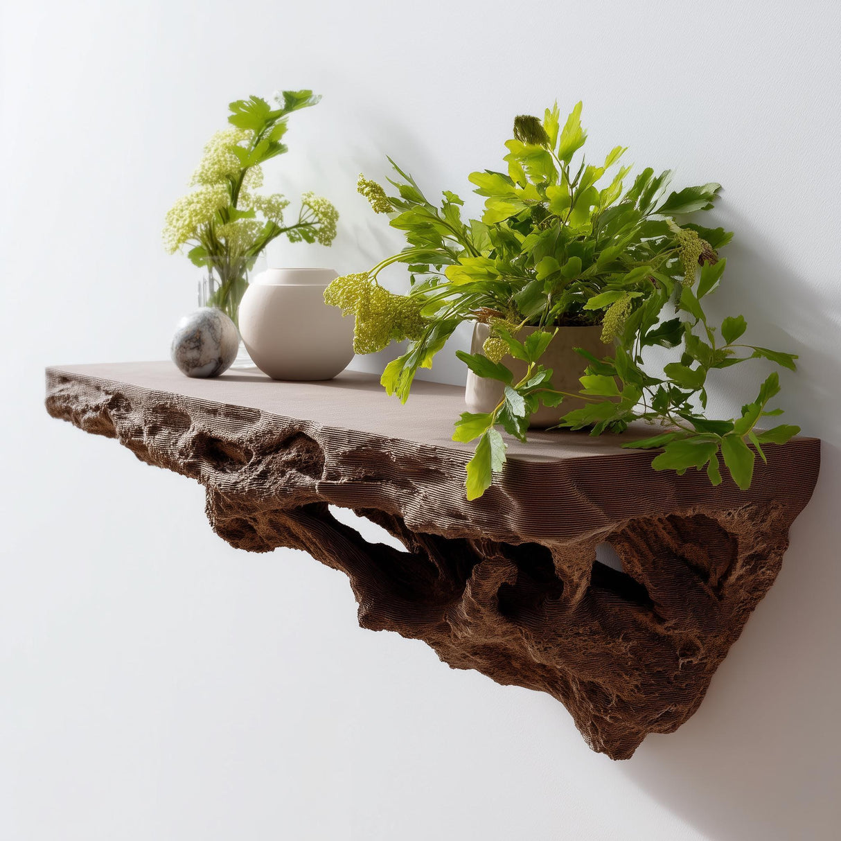 Brown 3D printed floating wall shelf with realistic root texture, mounted on a white wall and decorated with potted green plants and ceramics.
