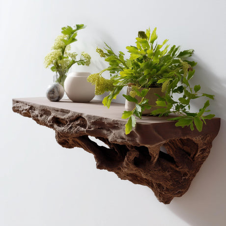 Brown 3D printed floating wall shelf with realistic root texture, mounted on a white wall and decorated with potted green plants and ceramics.