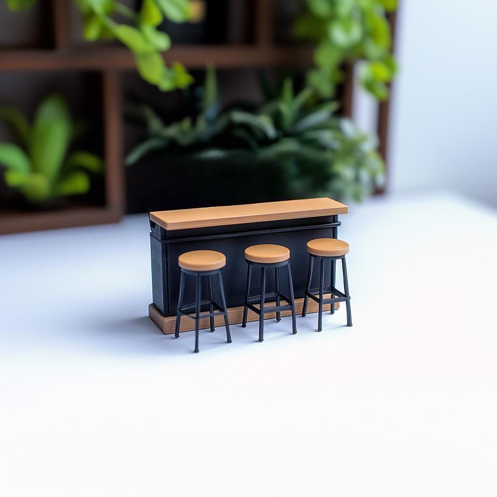 Miniature Bar Counter Set 1:12 Scale Dollhouse Furniture | Miniature Bar & Stools | Kitchen Table Modern Decor | Mini Bar Diorama Pub Scene