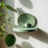 3D printed pastel green wall shelf with a round ledge and fan-textured circular backplate, styled with a tiny frog figure near hanging plants.