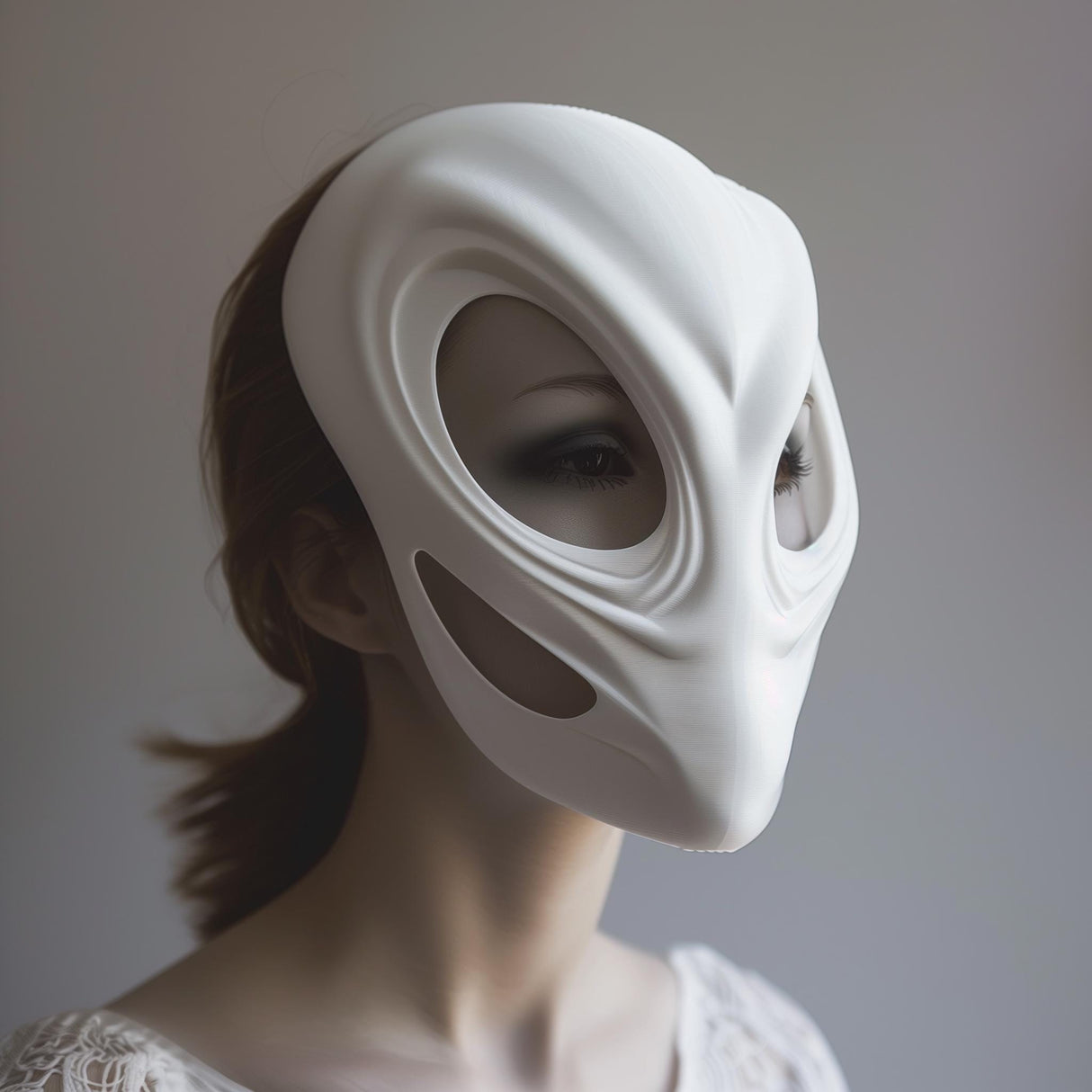 3D printed futuristic alien mask in matte white, worn by an adult model indoors, minimalist sci-fi cosplay or artistic face accessory