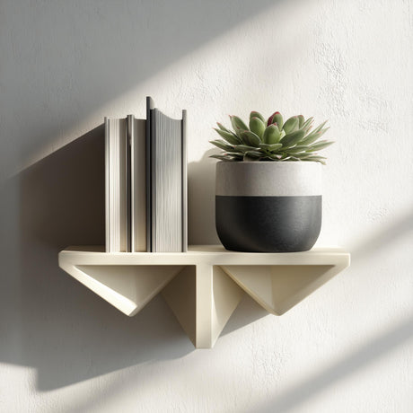 3D printed geometric wall shelf in cream color, holding books and a potted plant, displayed as modern floating wall decor