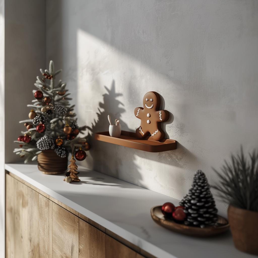 3D Printed Gingerbread Man Wall Shelf | Modern Christmas Floating Shelf Design | Unique Holiday Home Decor | Festive Wall Organizer