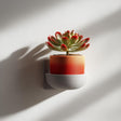 3D printed mug-style flowerpot shelf in gray, holding a small plant in a colorful pot, mounted on a wall as modern minimalist decor