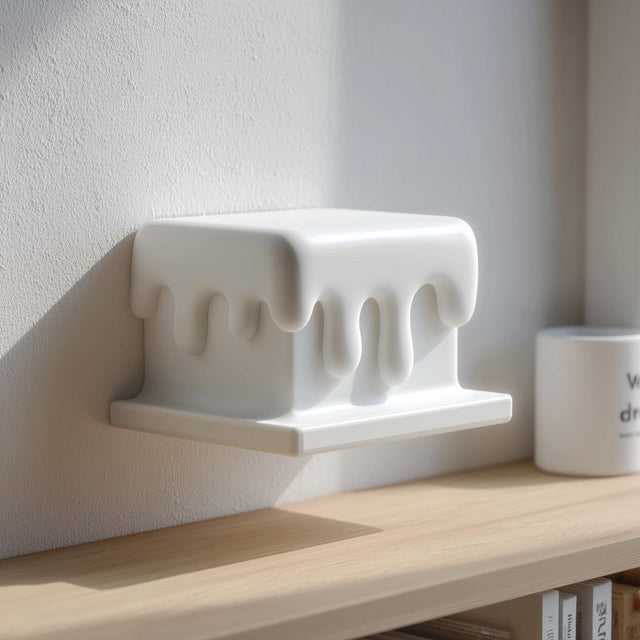 3D printed wall shelf shaped like a rectangular block with smooth dripping edges made of matte PLA plastic, mounted above a wooden shelf in soft natural daylight.